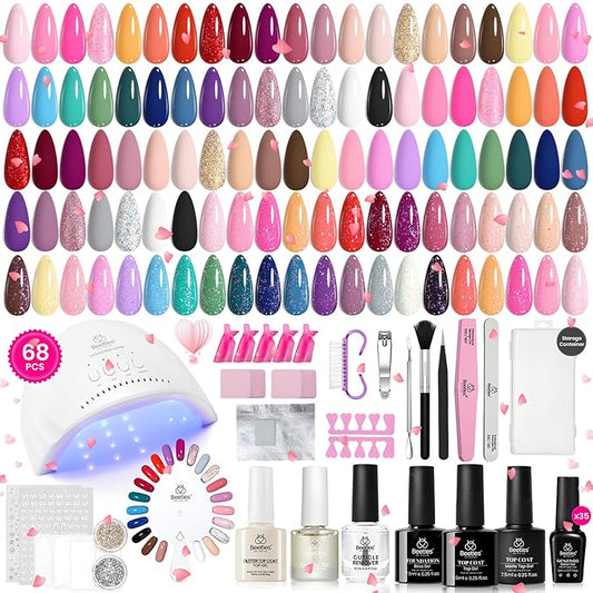 Beetles Gel Nail Polish Kit with U V Light - 68 Pcs Set 35 Colors Pink Glitter Nude Gray Gel Polish with Base Matte&Glossy Top Coat Vivid Seasons Gel Nail Set Nail Art Gift for Women & Girls
