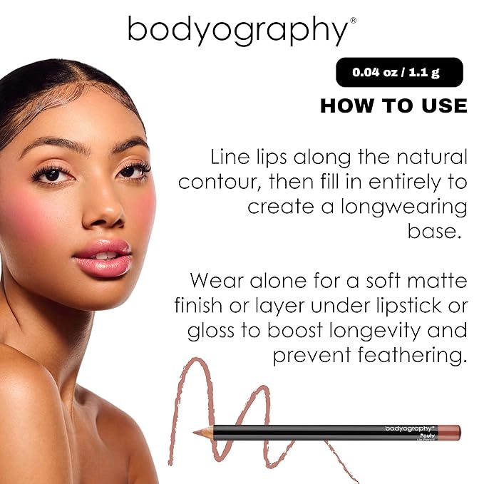 Bodyography Rosewood Lip Pencil | Wooden Lip Liner Pencil with Coconut Oil, Vitamin E & C | Long-Lasting, Matte Liner for Definition & Color | Makeup Essential for Smooth Lip Contour