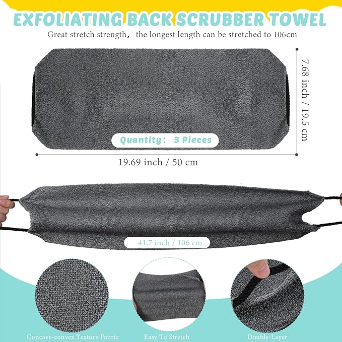4 Pack Exfoliating Washcloth Back Scrubber Set, 2 Exfoliating Body Scrubber Nylon Back Body Scrub Towel, 2 Pairs Shower Gloves for Women Men Bath Shower Exfoliation(Gray, Beige, White)