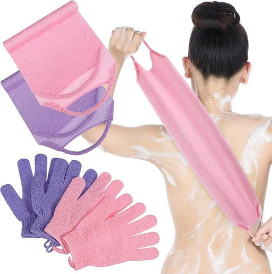 4 Pack Exfoliating Washcloth Back Scrubber Set, 2 Exfoliating Body Scrubber Nylon Back Body Scrub Towel, 2 Pairs Shower Gloves for Women Men Bath Shower Exfoliation(Pink, Purple)