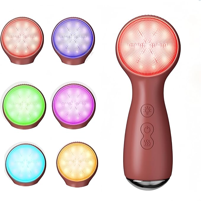 Facial Cleansing Brush Electric, Silicone Heated Face Scrubber with 7 LED Lights, Rechargeable Vibration Exfoliating Cleanser for Deep Cleaning & Gentle Massage, Skin Care Tool, Ideal Gift (Brown)