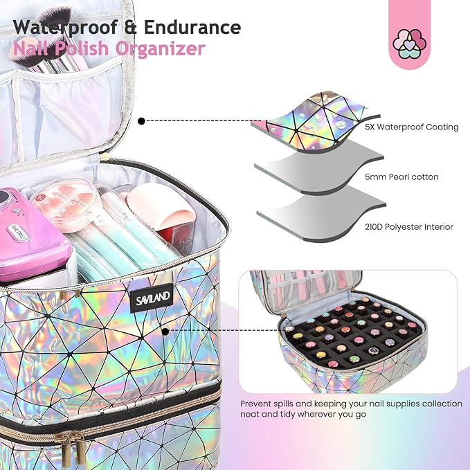 SAVILAND Nail Polish Organizer Bag: PU Leather Nail Kit Organizer Holds 30 Bottles & Nail Lamp, Holographic Nail Supply Organizer Nail Polish Holder Case Nail Organizers and Storage Box for Nail Tech