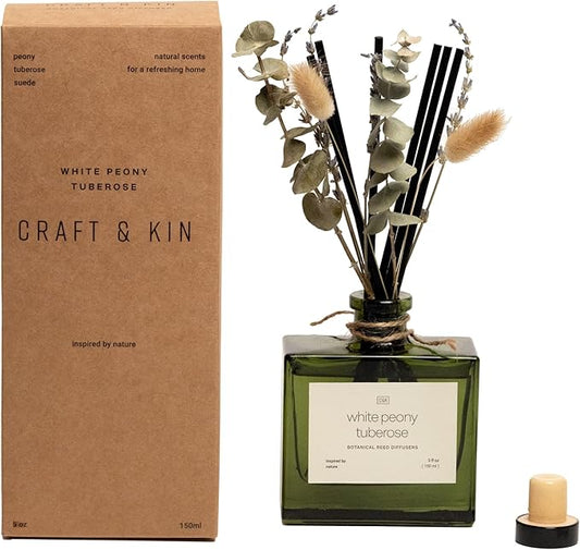 Craft & Kin Christmas Reed Diffuser with Dried Flowers | 5 oz White Peony & Tuberose Scented Holiday Reed Diffusers for Home, Bathroom | Scent Sticks | Elegant Fragrance Home Decor for Men & Women