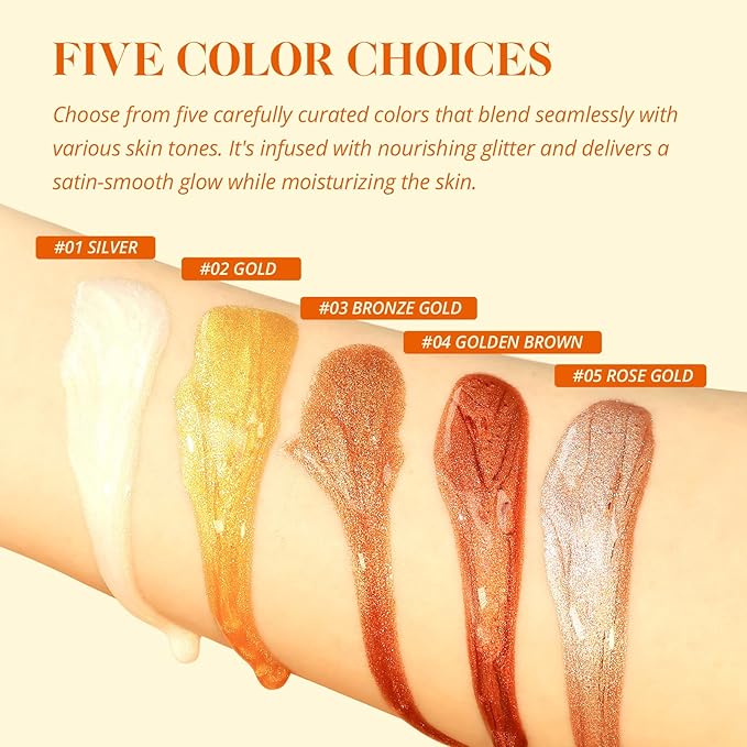 Liyalan Shimmer Body Oil 5 Color Options 1.0 fl.oz Face Glow Pearl Highlighter Illuminator Long-Lasting Shine Glitter Liquid Tanning with Makeup Brush Included (#01 Silver)