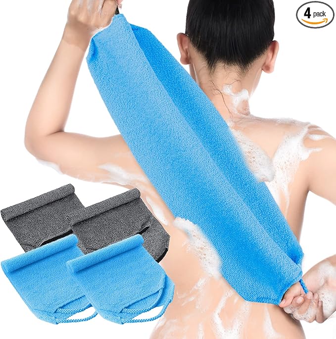 Moukeren Exfoliating Back Scrubber with Handles 4 Pack Nylon Back Exfoliator Extended Length Washers Scrubbers Stretchable Pull Strap Exfoliating Washcloth(Gray, Deep Blue)
