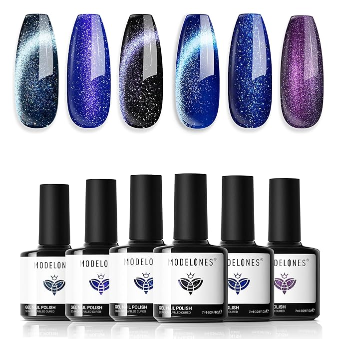 modelones Cat Eye Gel Nail Polish 6 Colors Fall Winter Black Blue Purple Glitter Gel Nail Polish Dark Blue Chameleon Sparkle Shimmer Polish with Magnet Soak Off Led Nail Art DIY Salon Gifts For Women