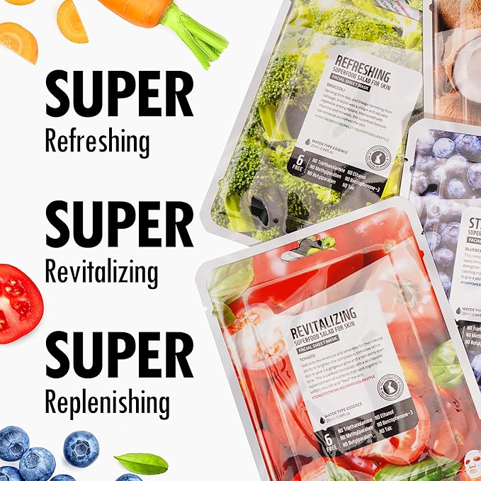 FARMSKIN Superfood Salad Sheet Mask Set of 6 | Korean Face Mask Sheets w/Mangosteen, Broccoli, Carrot, Coconut, Blueberry & Tomato | Refreshing, Nourishing & Cruelty-Free Face Mask Skincare Set