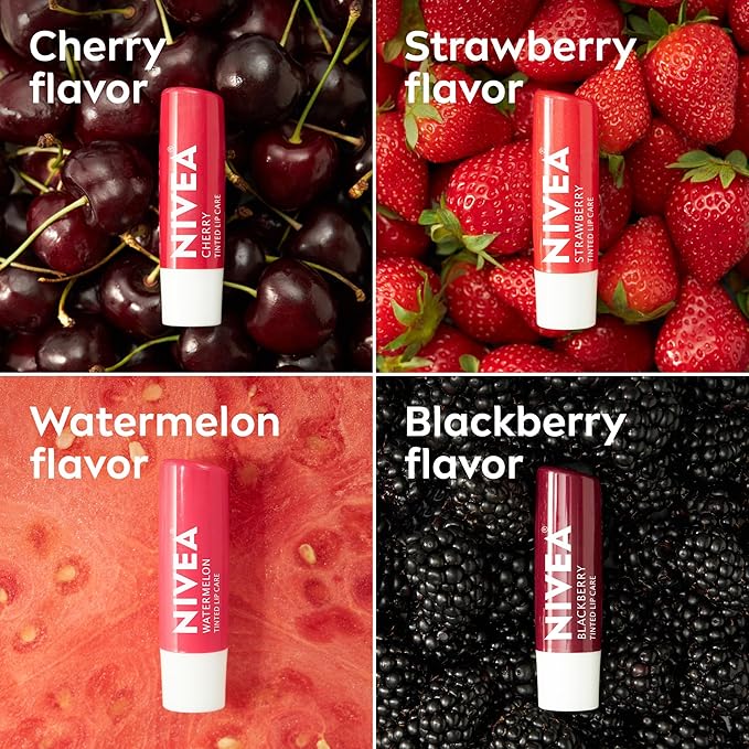 NIVEA Lip Care, Fruity Tinted Lip Balm Variety Pack, Holiday Lip Balm Gifts for Her, With Cherry, Strawberry, Blackberry and Watermelon Flavors, 0.17 Oz Stick, Pack of 4