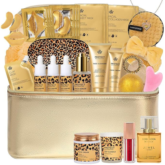 33 Pcs Valentines Day Gifts for Women, Honey & Almond Skin Care Kit, Spa Bath & Body Gift Set, Face Sheet Mask, Lip Gloss, Cosmetic Bag, Necklace, Christmas, Anniversary, Birthday