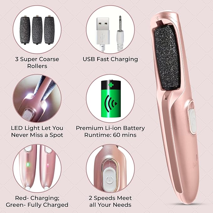 Powerful Electric Callus Remover Wand – Rechargeable Foot File, Grinder & Scrubber - Removes Dead, Hard Skin & Calluses – Best Pedicure Tool for Soft, Smooth Feet for Men & Women (Rose Gold)