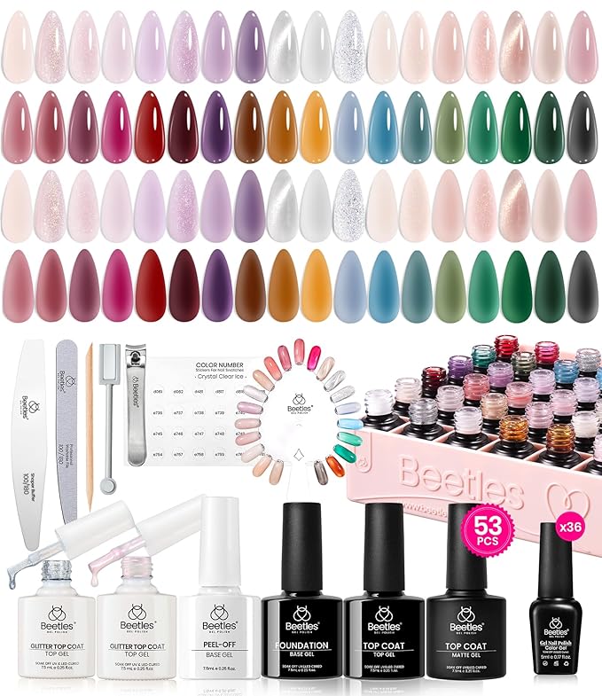 Beetles Jelly Gel Nail Polish Set, 53PCS 36 Colors Jelly Pink Milky White Red Black Blue Green Silver Cat Eye Base Glitter Glossy Matte Top Coat Crystal Ice Collection French Nails Gift for Women