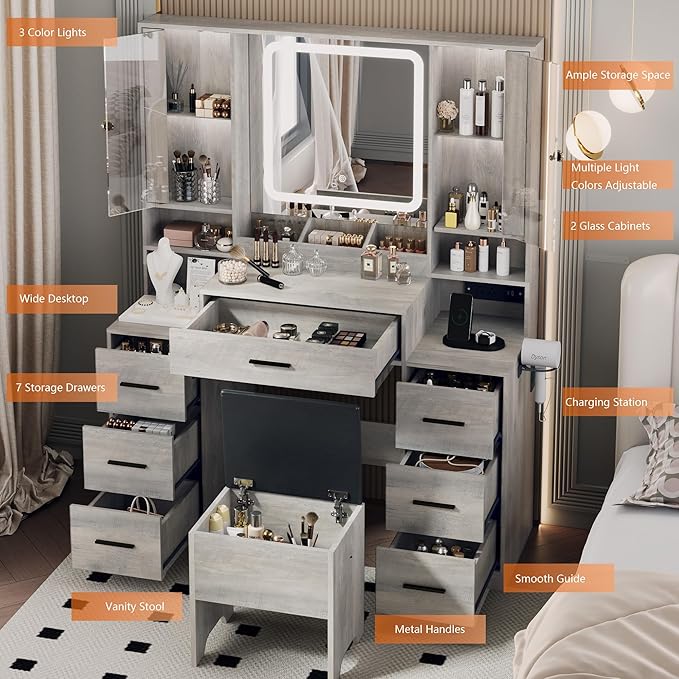 Makeup Vanity with LED Light Strip Mirror and Chair, 7 Drawers & 2 RGB Cabinets Black Vanity Makeup Desk with Power Strip, Adjustable LED Lighting, and Cushioned Stool for Women, Girls, Teens