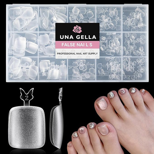 UNA GELLA Toe Nail Tips Full Cover, 216 Pcs Square Round Toe Nail Press Ons Clear Pre-shape Gel Toe Nail Tips Double Matte Acrylic Fake Toenails Extensions DIY Home Nail Salon for Women, 15 Sizes