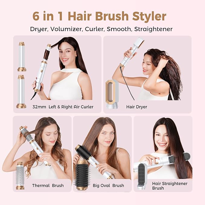 6 in 1 Air Styler Magic Hair Dryer Brush, Negative Ionic Blow Dryer Brush & 3 Heat Settings, Detachable Auto Curling & Straightening Volumizing, Frizz-Free Styling, Salon to Home Use (White-Pink)