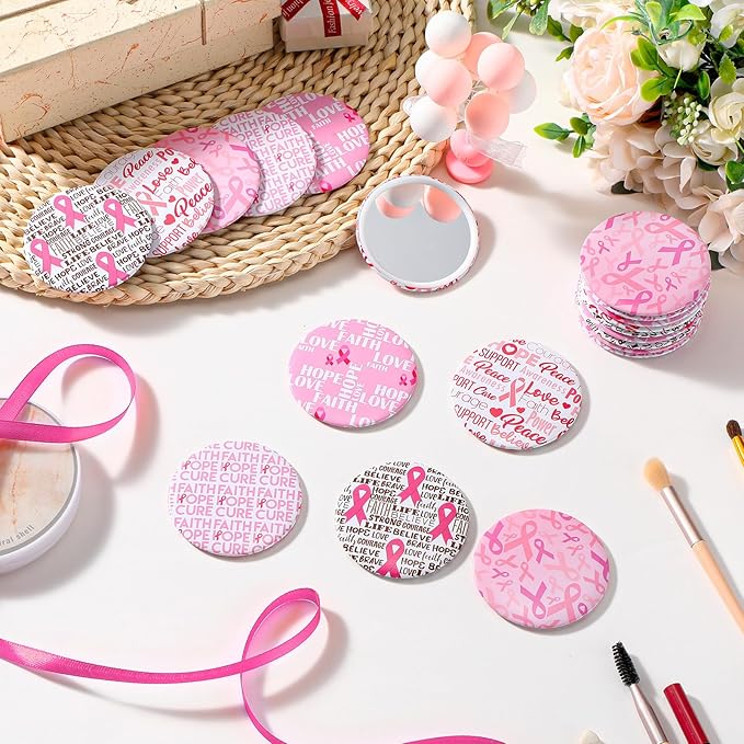 Pinkunn 50 Pcs Breast Cancer Awareness Gifts for Woman Bulk Inspirational Breast Cancer Survivor Gifts Compact Mirrors Pink Ribbon Motivational Mini Pocket Travel Makeup Mirrors (Ribbon)