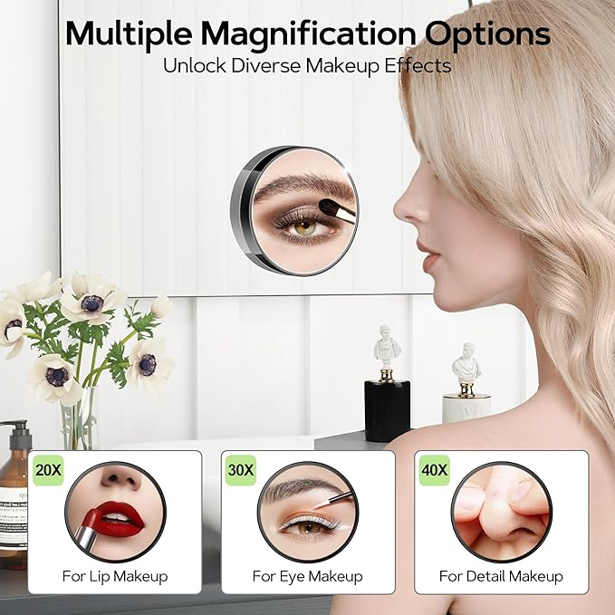 MIYADIVA Magnifying Mirror 40X/30X/20X, 3.5 Inch Round Compact Mirror with Suction Cup, 2Ps Stainless Steel Tweezers, Perfect for Makeup, Eyebrows, Beards, Travel