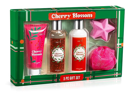 Freida & Joe Cherry Blossom Bath & Body Gift Set – 5-Piece Spa Collection for Women | Shower Gel, Body Lotion, Body Scrub, Bath Bomb | Relaxing Self-Care Kit, Birthday & Holiday Gift Box