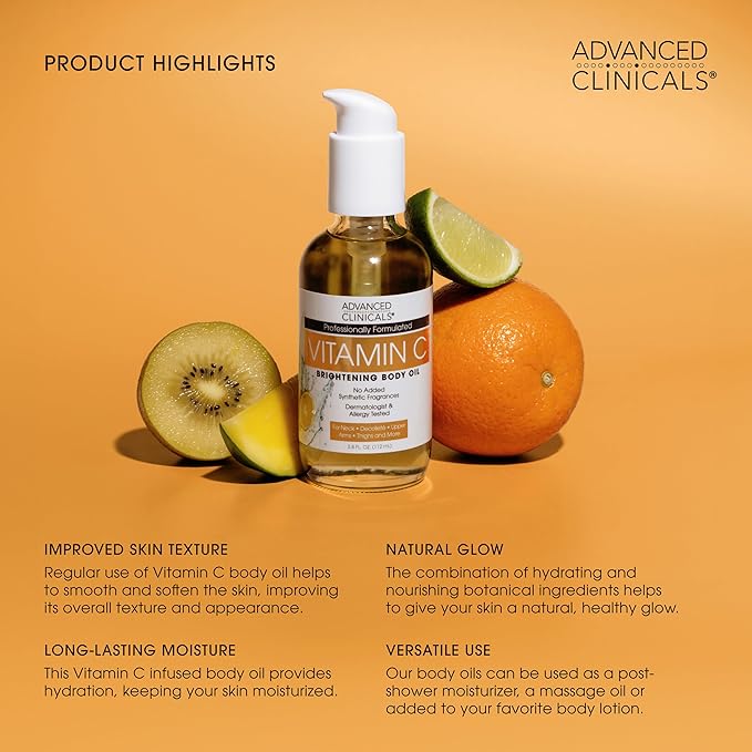 Advanced Clinicals Brightening Vitamin C Body Oil For Women & Men | Vitamin C Glow Oil Skin Care Body Moisturizer With Vitamin E + Botanicals To Help Improve Look Of Dark Spots + Dry Skin, 3.8 Fl Oz