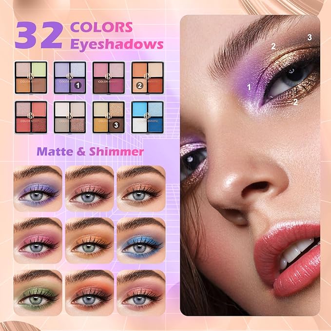 Color Nymph Girls Makeup Kit for Teen | Full Starter Cosmetics Makeup Set With Train Case | Included 32 Colors Eyeshadow, Bronzer, Contour Powder, Blush, Highlighter, Lip Gloss (Pink)