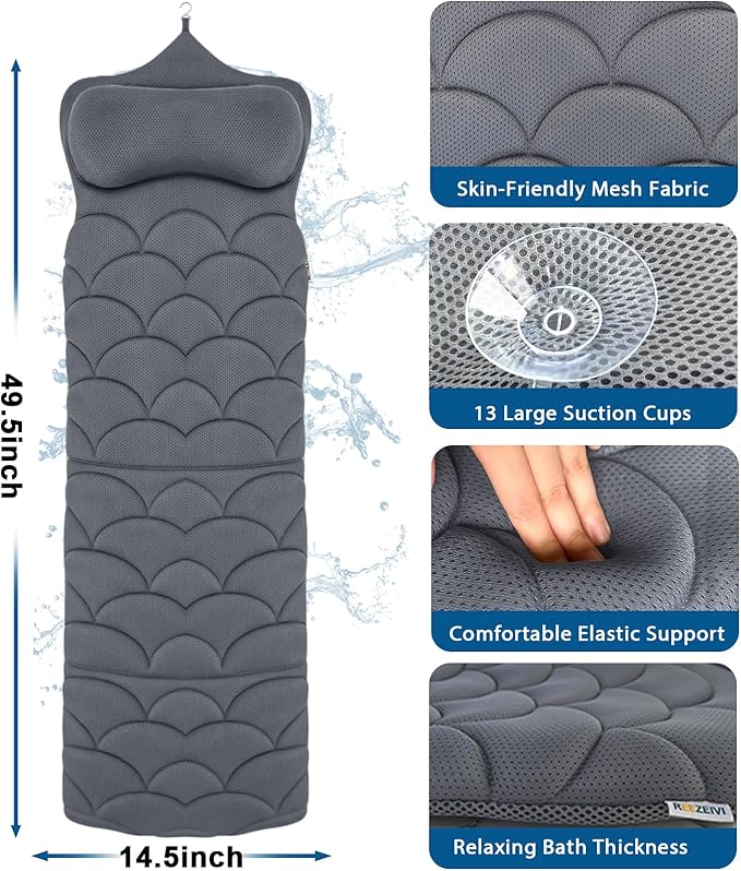 REEZEIVI Full Body Bath Pillow,Thick Bathtub Cushion with Laundry Bag,Bath Pillow with 13 Non-Slip Suction Cups,Soft 3D Mesh Fabric,Bathtub Cushion for Headrest Neck and Back Support (Gray)