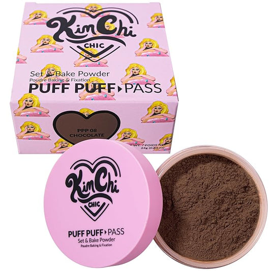 KimChiChic Beauty Puff Puff Pass Set and Bake Setting Powder for Makeup, Extra Fluffy Loose Face Powder Poof, Soft Natural Face Makeup for Uneven Skin Tone, 08 Chocolate