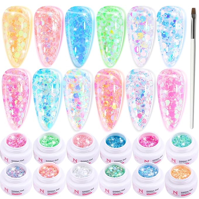 Glitter Gel Nail Polish Set -12 Colors Sparkle Sequins Gel Polish Resplendent Colorful Trendy Translucent Glitter Solid Nail Polish Kit Soak Off UV LED for Home DIY Salon with Brush