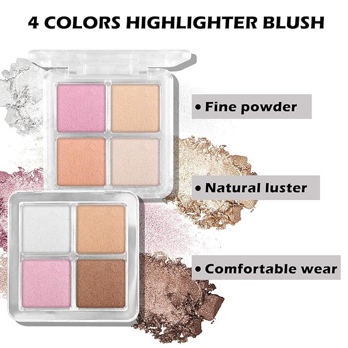Boobeen Blush and Highlighter Palette- 4-color Metallic Shimmer Shadow Powder, Illuminator Makeup Set for Shading, Highlighting & Defining the Face