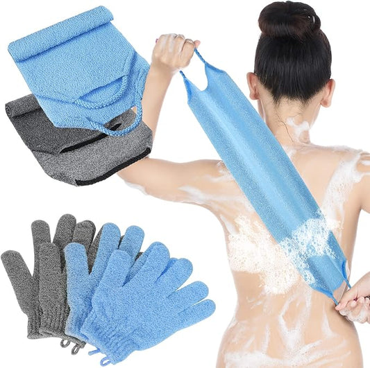 4 Pack Exfoliating Washcloth Back Scrubber Set, 2 Exfoliating Body Scrubber Nylon Back Body Scrub Towel, 2 Pairs Shower Gloves for Women Men Bath Shower Exfoliation(Gray, Blue)