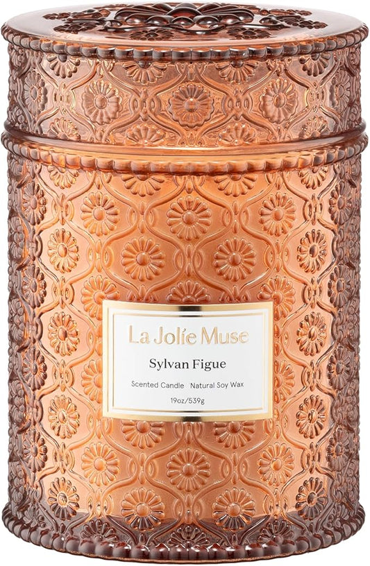 LA JOLIE MUSE Sylvan Figue Candle | Fig Leaf, Red Berries, Sandalwood | 19 oz Large Wooden Wick Candle | Natural Soy Wax | 90 Hours Clean Burn | Gift-Ready for Hosts | Elegant Home Décor