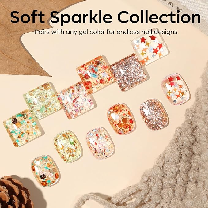 modelones Glitter Gel Nail Polish Set, 6 Colors Fall Geometric Shapes Star Gold Glitter Ornament Gel Polish Collection with Wooden Stick All Seasons Soak Off LED Manicure DIY Gift
