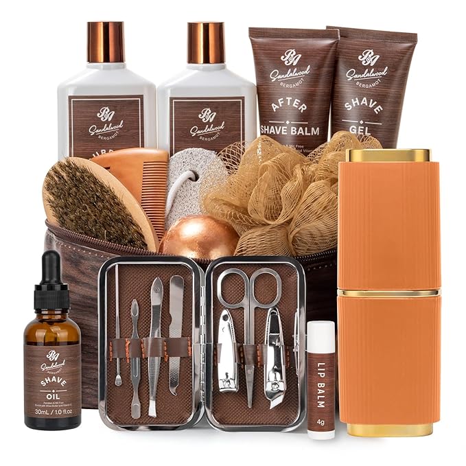 Valentines Day Gifts for Men, 21 Pcs Sandalwood Bath & Body Care Kit, Beard Gift Set for Men, Shave Beard Kit, Leather Bag, Home Spa Kit, Relaxing Men's Gift Basket, Birthday, Father's Day Gift