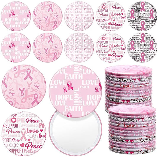 Pinkunn 100 Pcs Breast Cancer Awareness Gifts for Woman Bulk Inspirational Breast Cancer Survivor Gifts Compact Mirrors Pink Ribbon Motivational Mini Pocket Travel Makeup Mirrors (Ribbon)