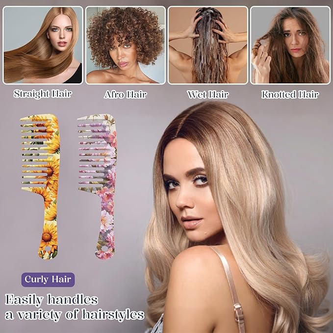 2PCS Wide Tooth Comb,Effortless Tangle Removal for Long Hair Styling Comb for Curly,Wet,Cute Aesthetic Design for Women Men and Girls(Yellow-Flower-10)