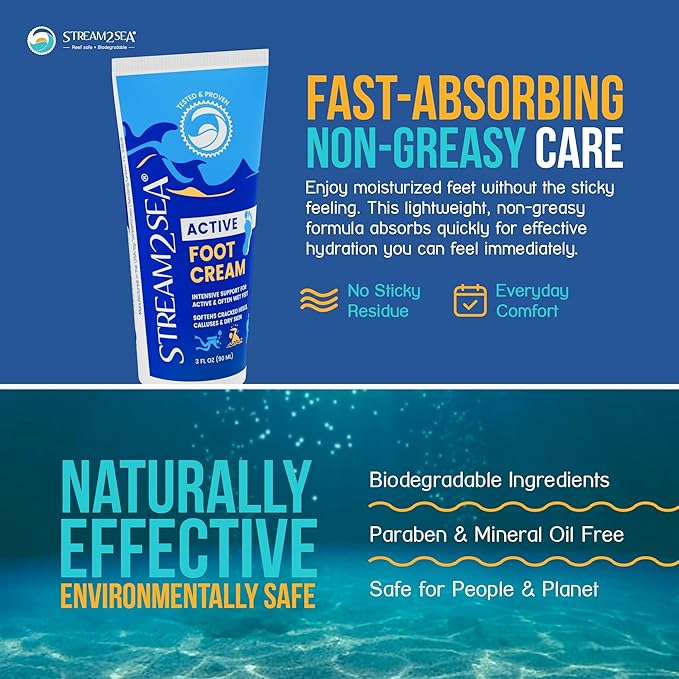 STREAM 2 SEA Active Foot Cream, Intensive Support for Active & Often Wet Feet - Softens Cracked Heels, Calluses & Dry Skin, Enriched with Neem and Tea Tree, Fast-absorbing and Non-greasy - 3 Fl oz