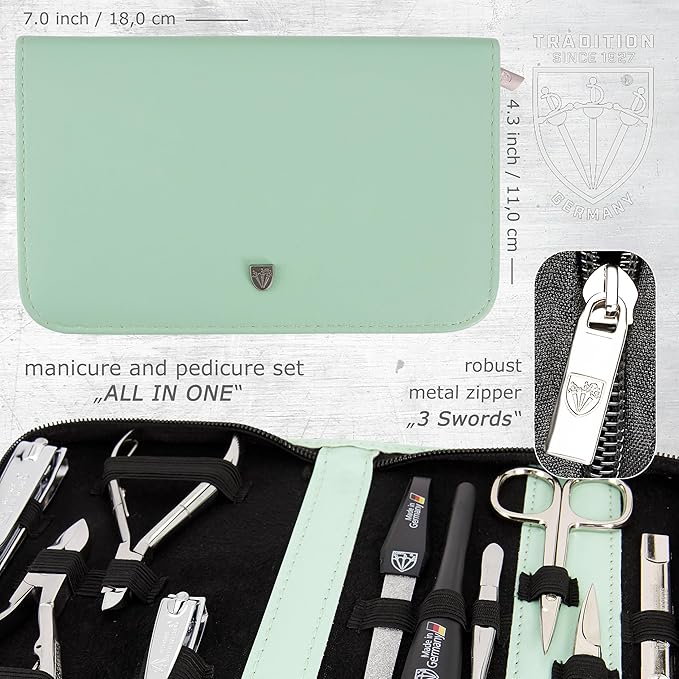 3 Swords Germany - brand quality 10 piece manicure pedicure grooming kit set for nail care scissors clipper mint synthetic leather case - Made by 3 Swords