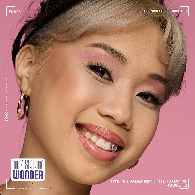 NYX PROFESSIONAL MAKEUP Make 'Em Wonder Liquid Foundation, 24HR Foundation Makeup With A Soft Matte Finish, Buildable Full Coverage - 12 Natural