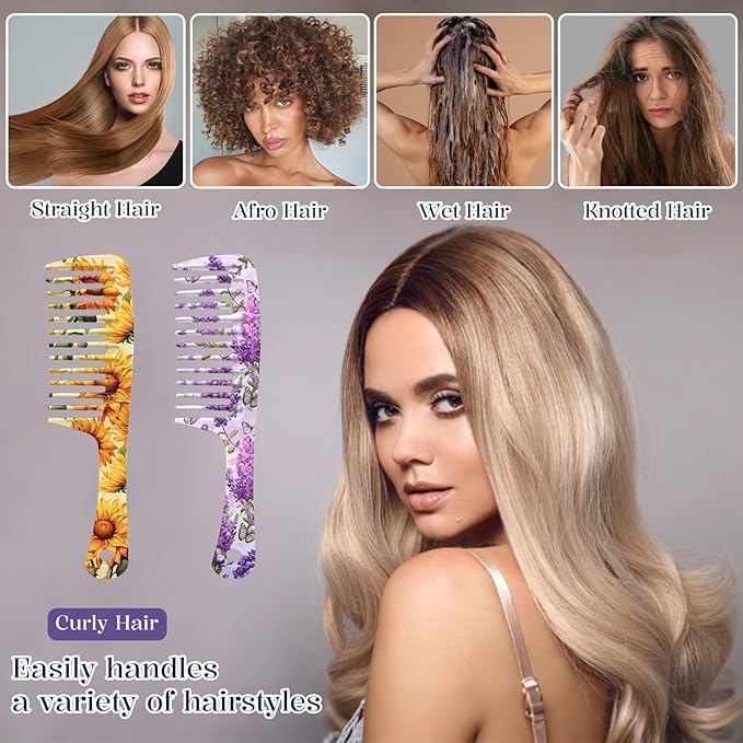 2PCS Wide Tooth Comb,Effortless Tangle Removal for Long Hair Styling Comb for Curly,Wet,Cute Aesthetic Design for Women Men and Girls(Yellow-Flower-12)