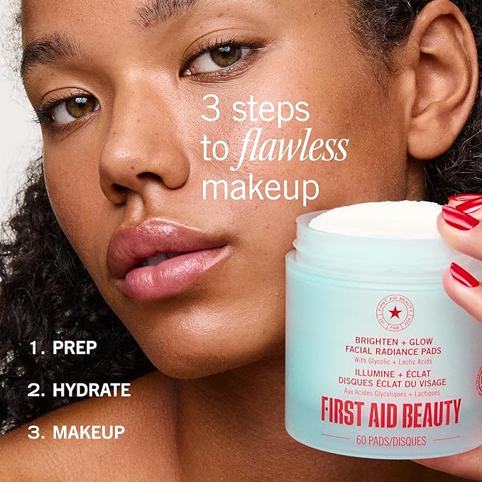 First Aid Beauty - Facial Radiance Pads with Glycolic & Lactic Acids, Daily Exfoliating Pads with AHA, Visibly Smaller Pores, Help Tone & Brighten Skin, One-Step Makeup Prep, Compostable, 60ct