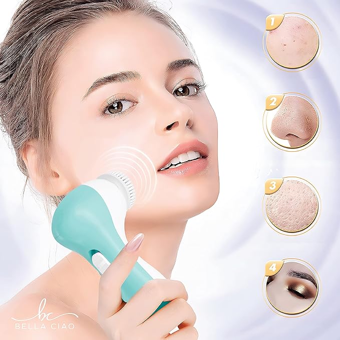 Bella Ciao 6-Piece Facial Cleansing and Exfoliating Set with Soft Facial Brush, Rolling Massager Head, Latex Sponge, Makeup Sponge, and Callus-Remover Disc, Batteries Not Included, Blue