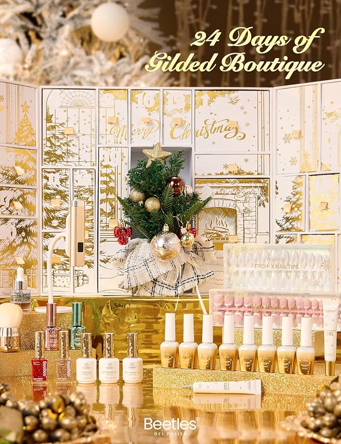 beetles Gel Polish Gilded Boutique Christmas Advent Calendar – 24 Luxury Days of Gel Nail Polish Colors, Premium Gifts Box with Cat Eye Gel, Nail Care Tools & Mini UV Lamp for Women Holiday Gifting