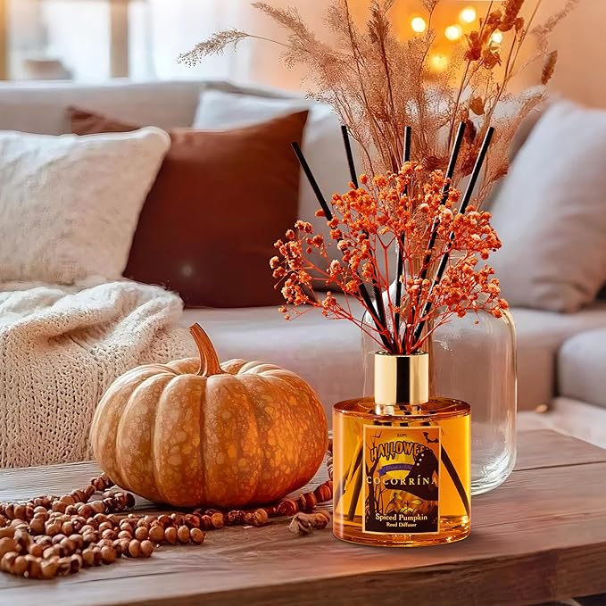 COCORRÍNA Reed Diffuser - Spiced Pumpkin 6.7 fl oz Scented Diffuser with 8 Sticks Home Fragrance Bathroom Shelf Decor (Halloween Collection)