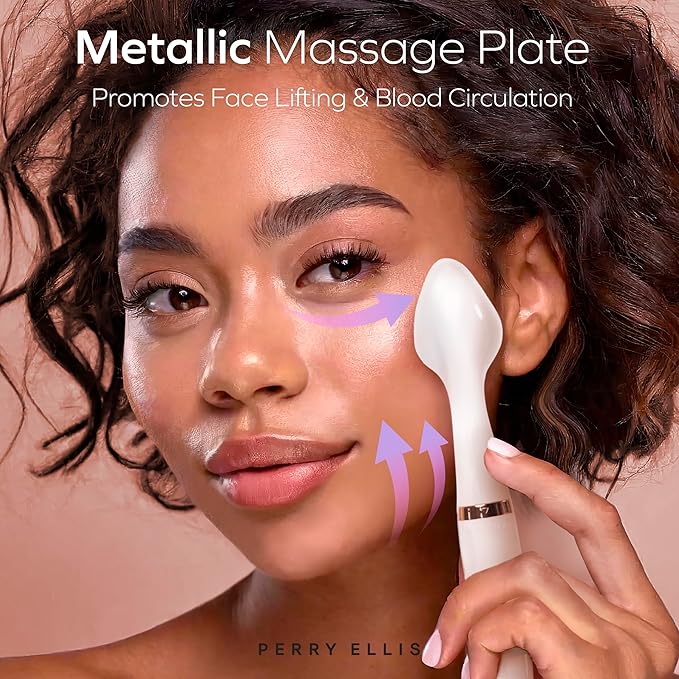 Perry Ellis 3-in-1 Beauty Brush with Silicone Face Cleanser, Makeup Applicator, and Metallic Eye-Massaging Plate, IPX6 Water-Resistant Electric Skincare Accessory with 3 Vibrating Modes and Stand