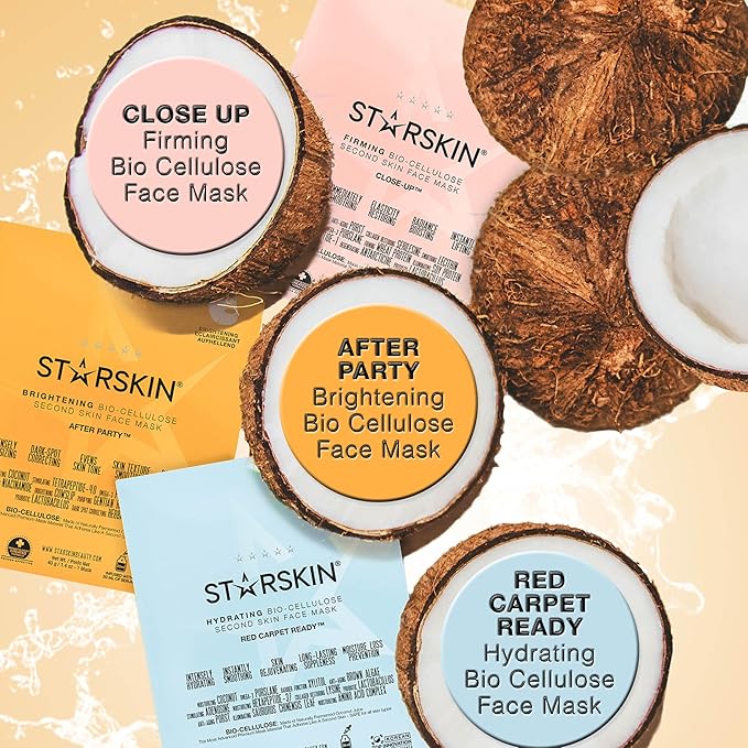STARSKIN After Party 1x40g, Bio-Cellulose Brightening Face Mask for all Skin Types, Korean Skincare Mask infused with Vitamin C Serum and Niacinamide, Energizing and Soothing, K Beauty Skincare