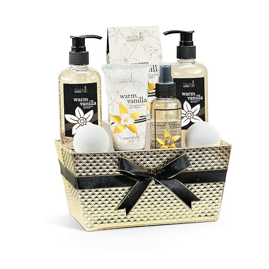 Bath and Body Gift Basket For Women and Men – 8 Piece Set of Warm Vanilla Bath & Body Collection Gift Basket, Includes Shower Gel, Bubble Bath, Body Lotion, Body Mist & More - Appreciation Gift Ideas