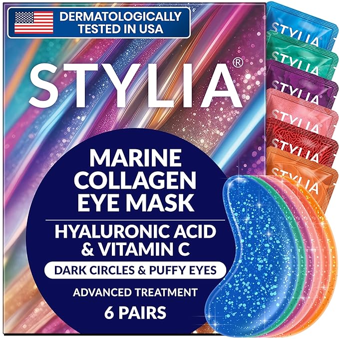 Stylia Collagen & Vitamin C Under Eye Patches for Puffy Eyes & Dark Circles - Depuffing, Hydrating & Firming Under Eye Mask with Hyaluronic Acid - Stocking Stuffers for Teen Girls, Vegan (6 Pairs)