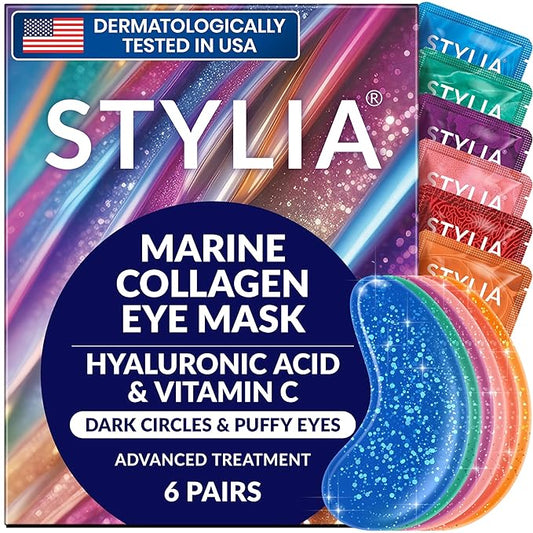 Stylia Collagen & Vitamin C Under Eye Patches for Puffy Eyes & Dark Circles - Depuffing, Hydrating & Firming Under Eye Mask with Hyaluronic Acid - Stocking Stuffers for Teen Girls, Vegan (6 Pairs)