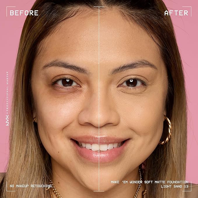 NYX PROFESSIONAL MAKEUP Make 'Em Wonder Liquid Foundation, 24HR Foundation Makeup With A Soft Matte Finish, Buildable Full Coverage - 13 Light Sand