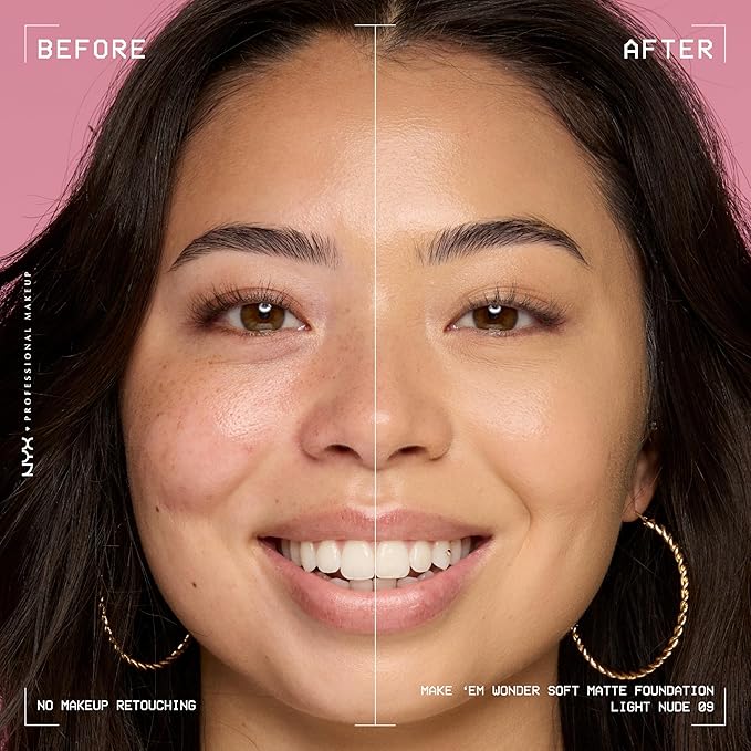 NYX PROFESSIONAL MAKEUP Make 'Em Wonder Liquid Foundation, 24HR Foundation Makeup With A Soft Matte Finish, Buildable Full Coverage - 09 Light Nude