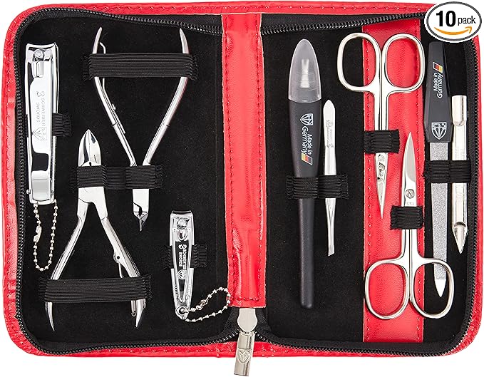 3 Swords Germany - brand quality 10 piece manicure pedicure grooming kit set for professional finger & toe nail care scissors clipper fashion leather case in gift box, Made by 3 Swords (03614) Red