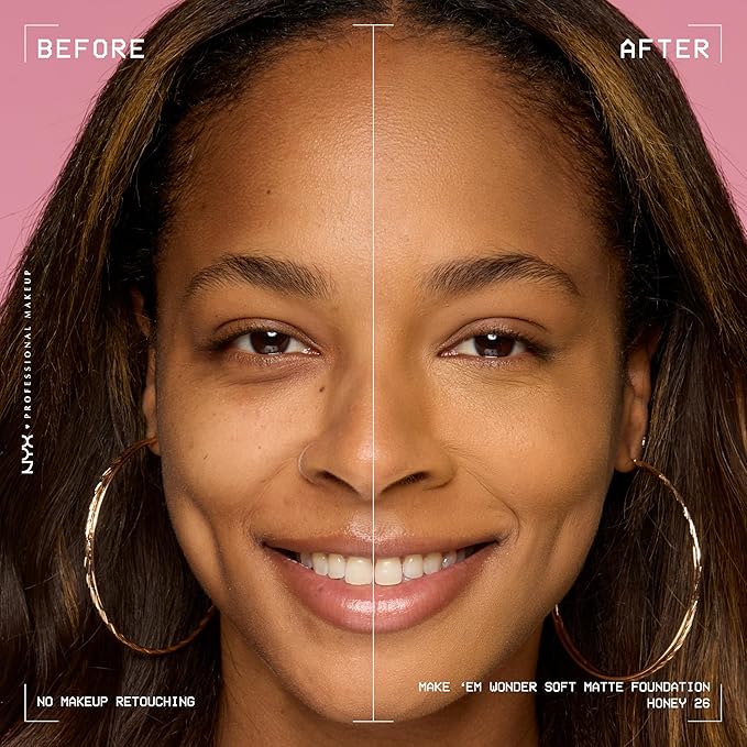 NYX PROFESSIONAL MAKEUP Make 'Em Wonder Liquid Foundation, 24HR Foundation Makeup With A Soft Matte Finish, Buildable Full Coverage - 26 Honey